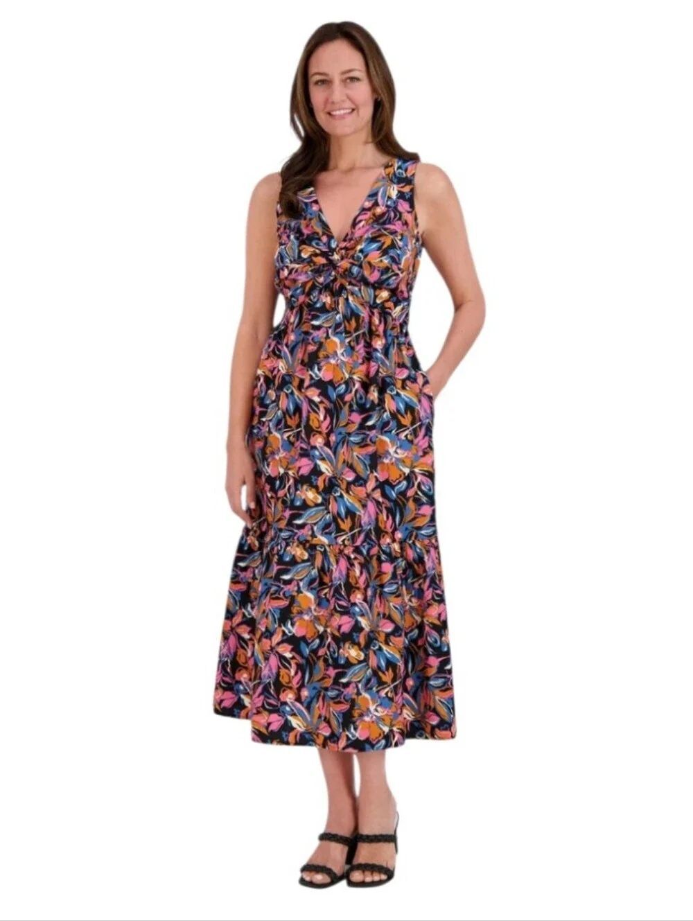 French Connection Floral Twist Front Dress  Black with Pink & Orange Print